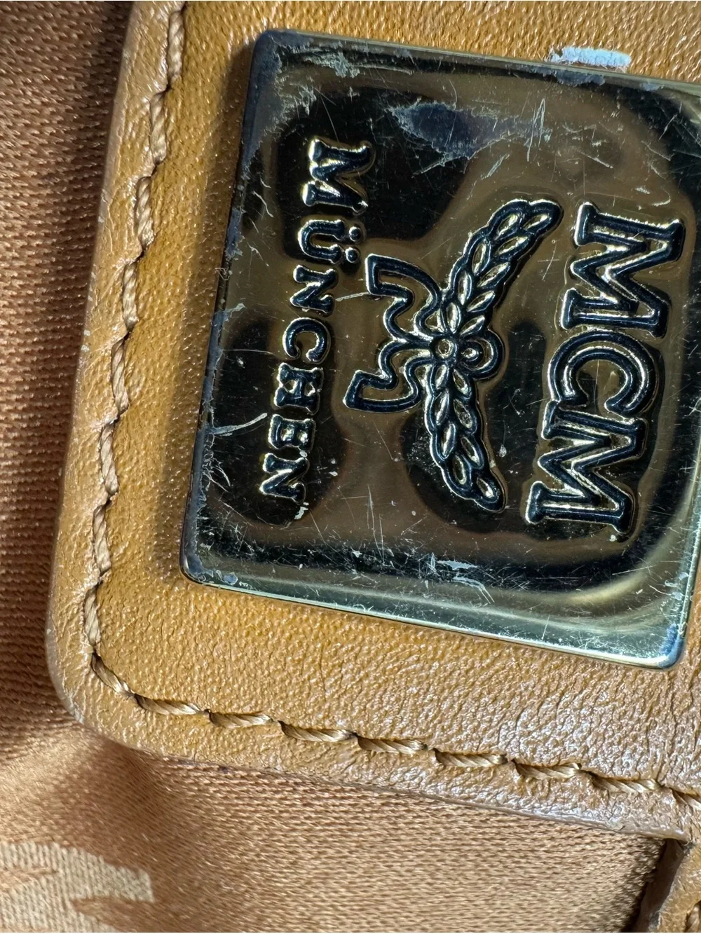 MCM Cognac Visetos Barrel Satchel with Gold Hardware